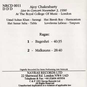 CD Ajoy Chakrabarty: Live In Concert, November 3, 1990, At The Royal College Of Music, London, Vol. 2