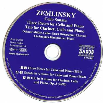 CD Alexander Von Zemlinsky: Cello Sonata • Three Pieces For Cello And Piano • Trio For Clarinet, Cello And Piano