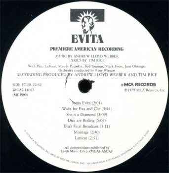 2LP Andrew Lloyd Webber: Evita: Premiere American Recording