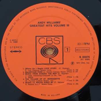 LP Andy Williams: Greatest Hits Vol. 3