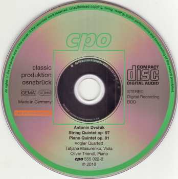 CD Antonín Dvořák: String Quintet Op. 97 · Piano Quintet Op. 81