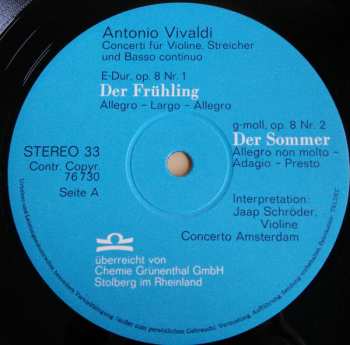 LP Antonio Vivaldi: Gestern Und Heute (Frühling Concerto E-Dur / Sommer Concerto G-moll)