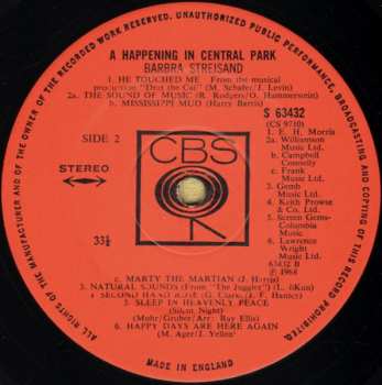 LP Barbra Streisand: A Happening In Central Park