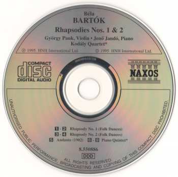CD Béla Bartók: Rhapsodies Nos. 1 & 2 / Piano Quintet