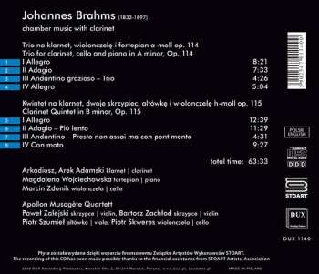 CD Johannes Brahms: Trio For Clarinet, Cello And Piano In A Minor Op. 114; Clarinet Quintet In B Minor Op. 115