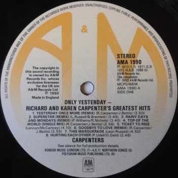LP Carpenters: Only Yesterday - Richard & Karen Carpenter's Greatest Hits