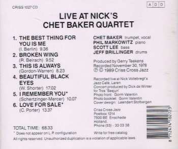 CD Chet Baker Quartet: Live At Nick's