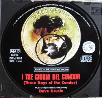 CD Dave Grusin: I Tre Giorni Del Condor = Three Days Of The Condor (Original Soundtrack Recording)