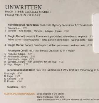 CD Flora Papadopoulos: Unwritten: Bach, Biber, Corelli, Marini - From Violin To Harp