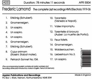 CD Frederic Lamond: The Complete Liszt Recordings Hmv / Electrola 1919-1936