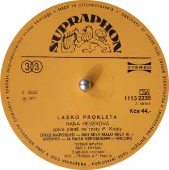 LP Hana Hegerová: Lásko Prokletá (Hana Hegerová Zpívá Texty Pavla Kopty)