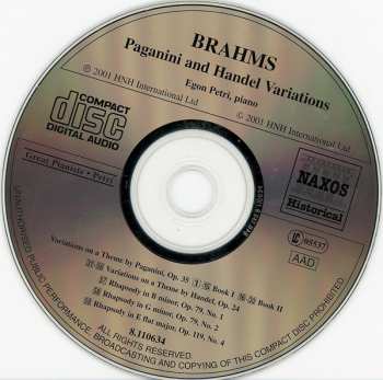 CD Johannes Brahms: Paganini Variations • Handel Variations