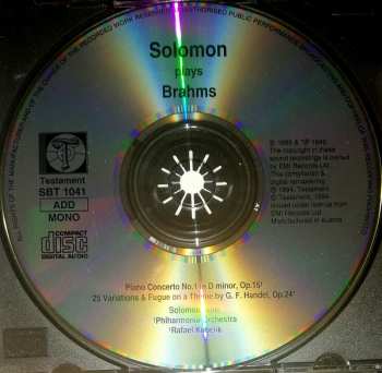 CD Johannes Brahms: Solomon Plays Brahms / Piano Concerto No.1 - Handel Variations