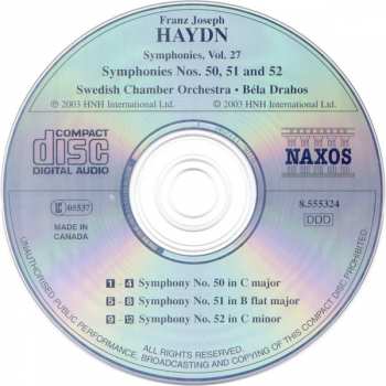 CD Joseph Haydn: Symphonies, Vol 27; Symphonies Nos. 50, 51 and 52