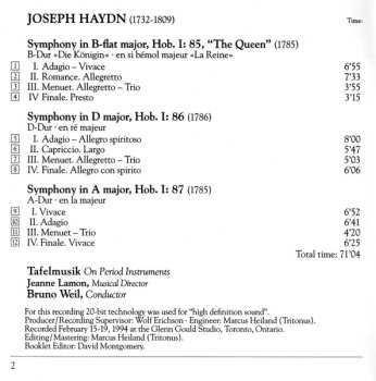 CD Joseph Haydn: Paris Symphonies II - 1785-1786 - Nos. 85, 86 & 87