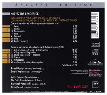 CD Krzysztof Penderecki: Concerto per Viola (Sassofono) ed Orchestra; Concerto per Violino Solo ed Orchestra No. 2 "Metamorphosen"