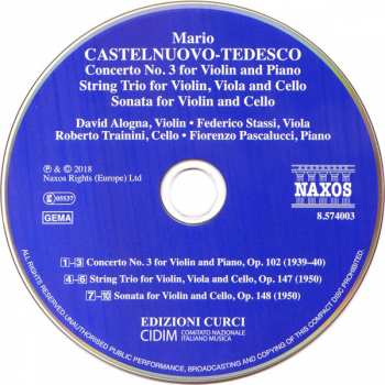 CD Mario Castelnuovo Tedesco: Violin Concerto No. 3 • String Trio • Sonata For Violin And Cello
