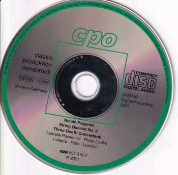 CD Niccolò Paganini: String Quartet No. 3 - Three Duetti Concertanti