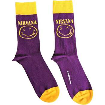 Merch Nirvana: Nirvana Unisex Ankle Socks: Yellow Happy Face (purple) (uk Size 4 - 7) 36 - 42
