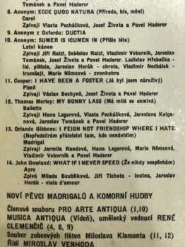 LP Noví Pěvci Madrigalů A Komorní Hudby: Anglická Vokální Hudba XI.-XVI. Století