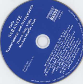 CD Pablo De Sarasate: Transcriptions And Arrangements Of Music By Chopin • Gounod • Leclair • Handel • Raff