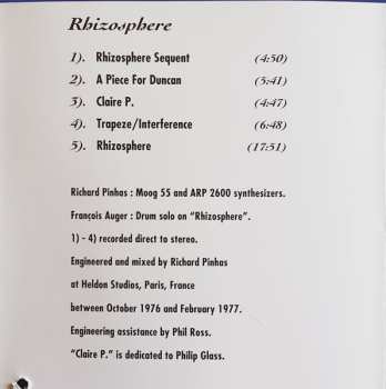 CD Richard Pinhas: Rhizosphere  /  Live, Paris 1982