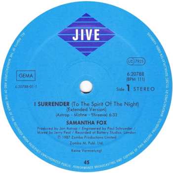 LP Samantha Fox: I Surrender (To The Spirit Of The Night)