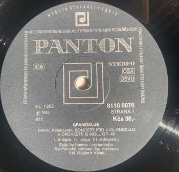 LP Dmitry Kabalevsky: Koncert Pro Violoncello A Orchestr G Moll Op.49 / Koncert Pro Violoncello A Orchestr Op.16