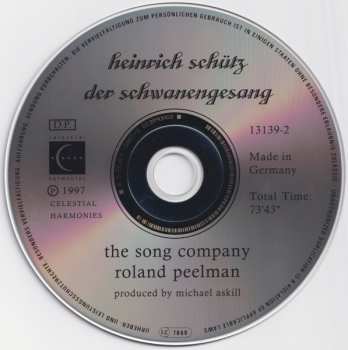 CD The Song Company: Heinrich Schütz - Der Schwanengesang (The Swan Song - Swv 482-493)