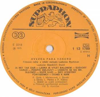 LP Various: Hvězda Padá Vzhůru (Výběr Melodií Ze Stejnojmenného Filmu Režiséra Ladislava Rychmana)