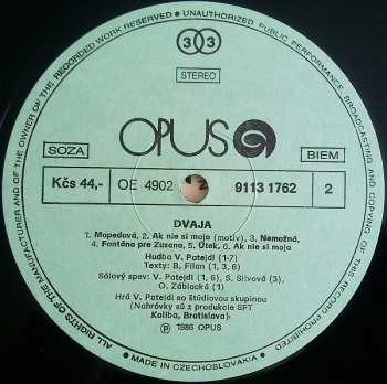 LP Vašo Patejdl: Dvaja (Hudba A Piesne Z Filmu Fontána Pre Zuzanu)