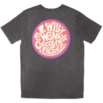 Merch Willy Wonka: Willy Wonka Unisex Stone Wash T-shirt: Logo Emblem (charcoal Grey) (back Print) (small) S